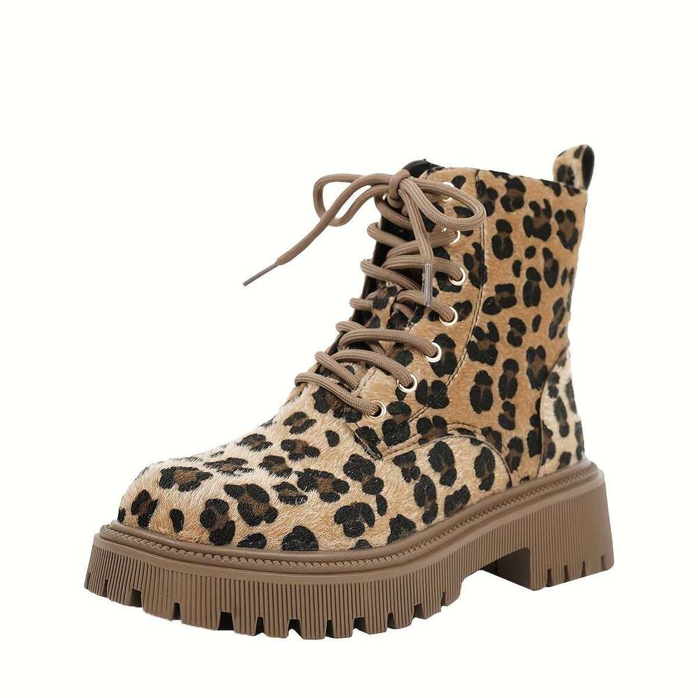 Mid Heel Womens Round Toe Leopard Print Ankle Boots Soft, Comfy, Block Heel, Lace Up, Rubber Sole, Fabric Upper - Perfect for Fall, Dress Ocn, Everyda