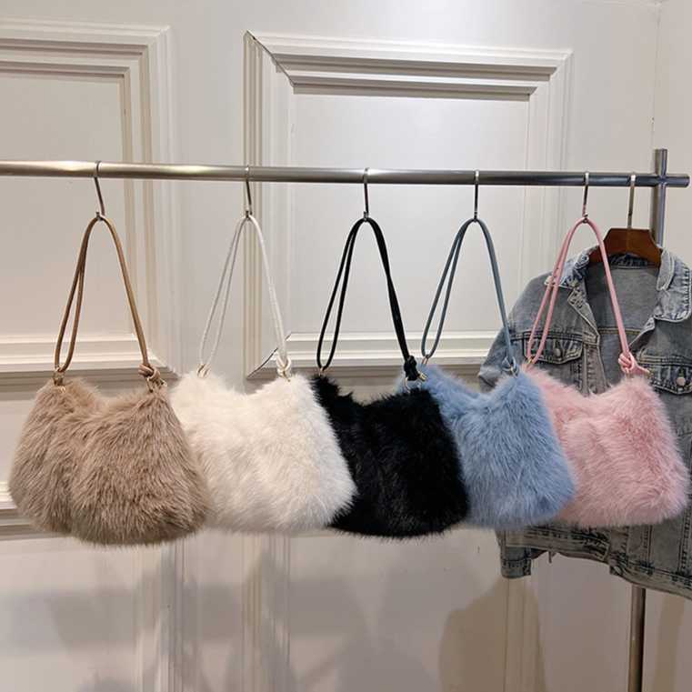 imitation rabbit fur bag, women's fashionable versatile armpit bag, casual hand-held shoulder bag, small fragrant style plush bag 241115