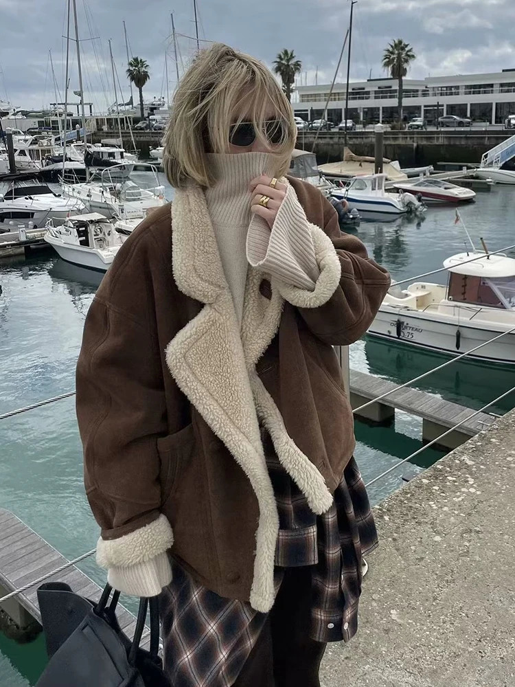 Fashion Oversize Loose Lamb Jacket For Women 2024 Winter Long Sleeve Button Fleece Coats Female Hip Hop Street Fluffy Outerwear 241106