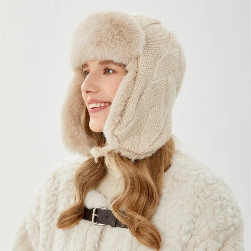 Waterproof Womens Winter Hunter Pilot Cavalry Hat Earrings Warm Russian Hat Ski Bomber Hat Knitted Earrings Protector Ushanka Hat 241106