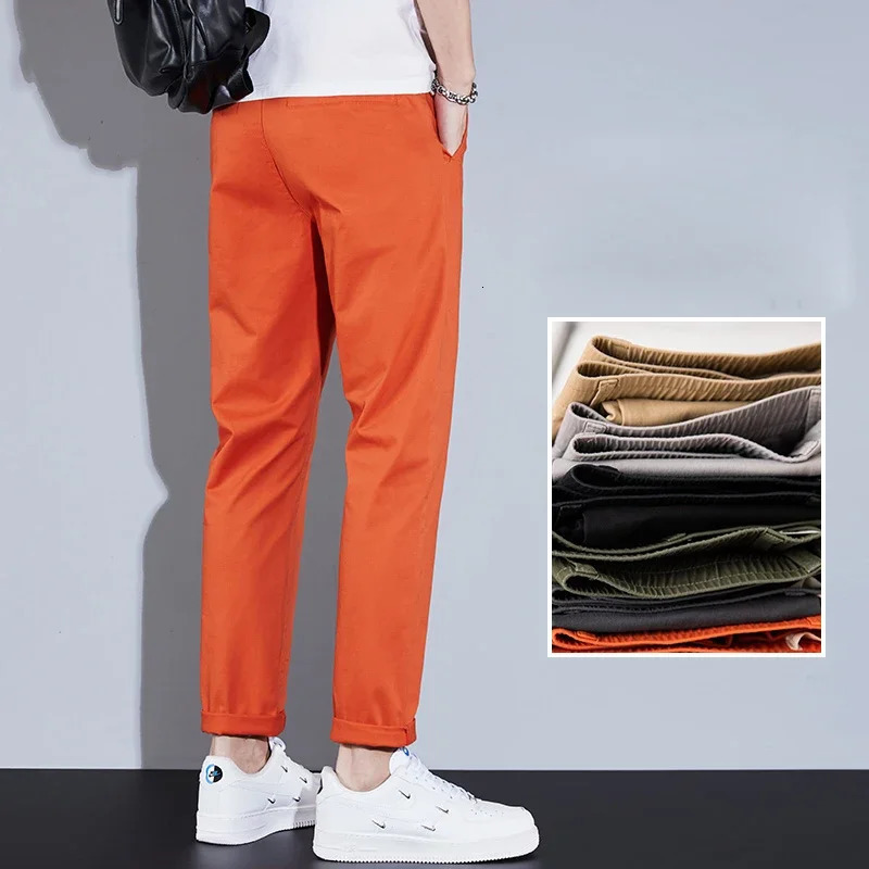 Casual Men Orange Loose Straight Business Pants Green Khaki Elastic Waist Trousers Soft Cotton Lyocell Fabric Korean Cargo Pants 241106