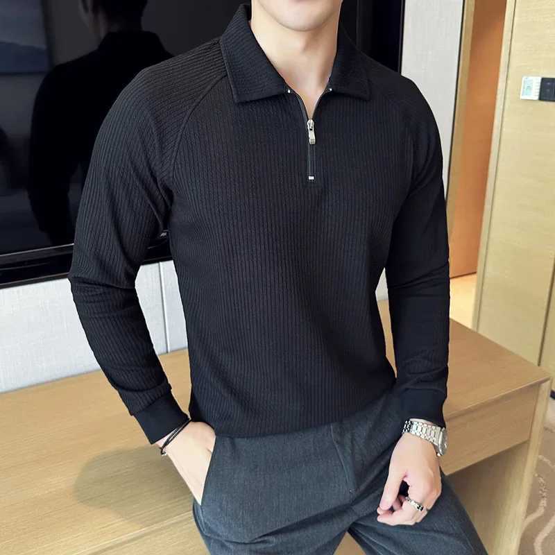 Mens high elasticity long Sve shirt 2024 autumn and winter knitted floral collar slim fit solid casual T-shirt W241106