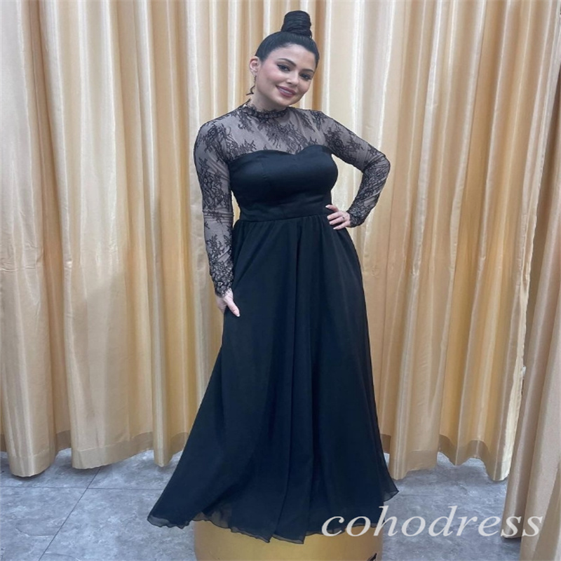 Simple Black Muslim Evening Dress Elegant Dubai Abaya Prom Dresses Long Sleeve Saudi Arabic Lace Floor Length Chiffon Robe De Soiree Vestios De Fiesta