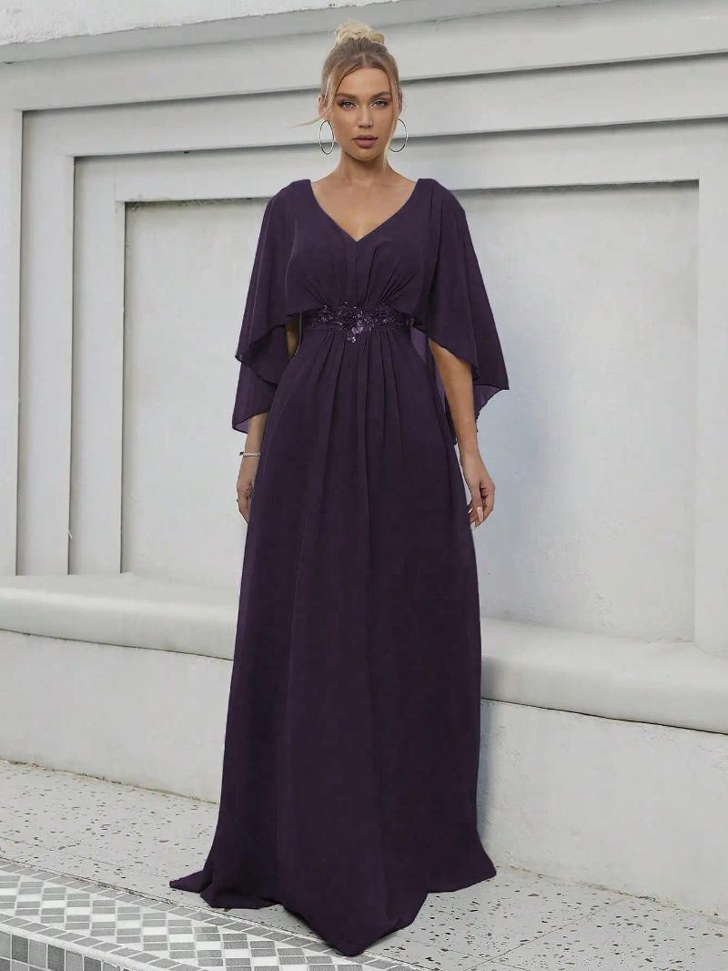 Casual Dresses V-neck Flared Sleeve Sequin Machine Embroidered Applique Dress