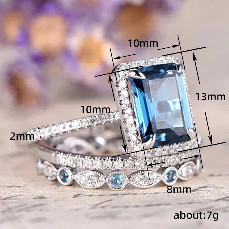 3PCS Elegant Wedding Rings Vintage Jewelry 925 Sterling Silver Fill Princess Cut Blue Cubic Zircon CZ Diamond Women's Fashion Bridal Ring Set Chr