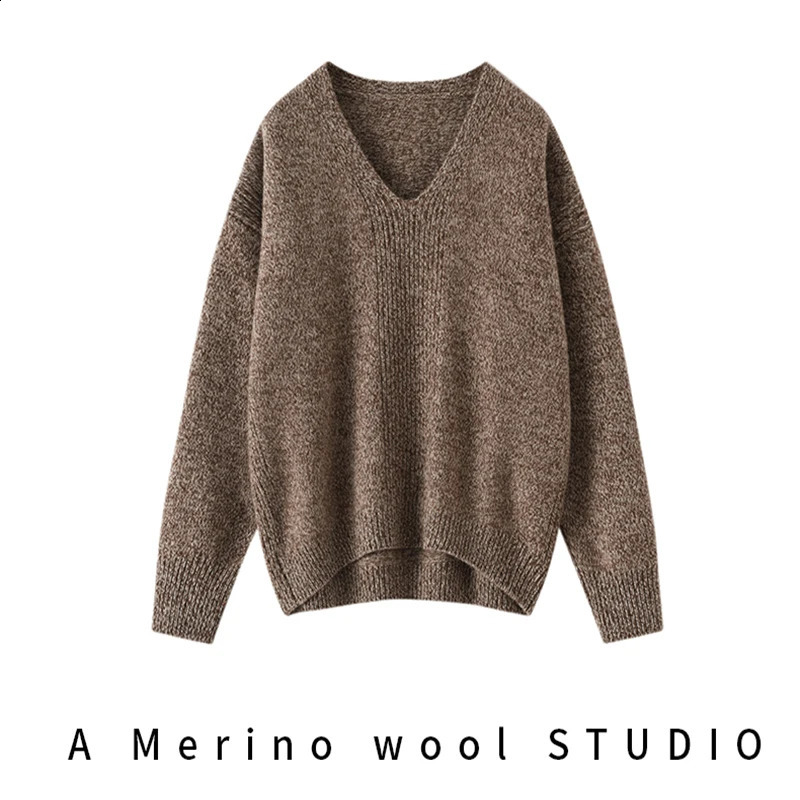 100 Merino Wool Womens Sweater AutumnWinter Knit Long Sleeve Pullover VNeck Loose Soft Fashion Flower Yarn Maillard Sweaters 241105