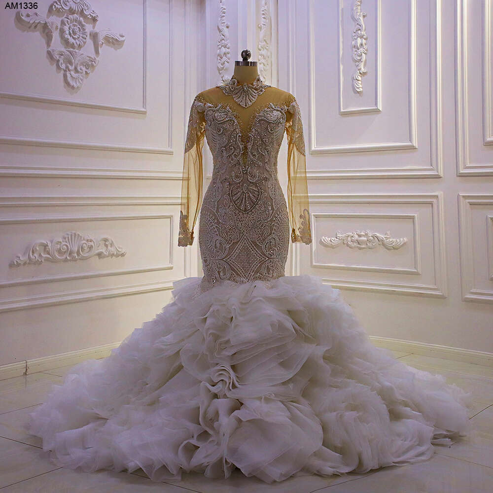 High Neck Long Sleeve Special Lace For Ruffles Mermaid Wedding Dress