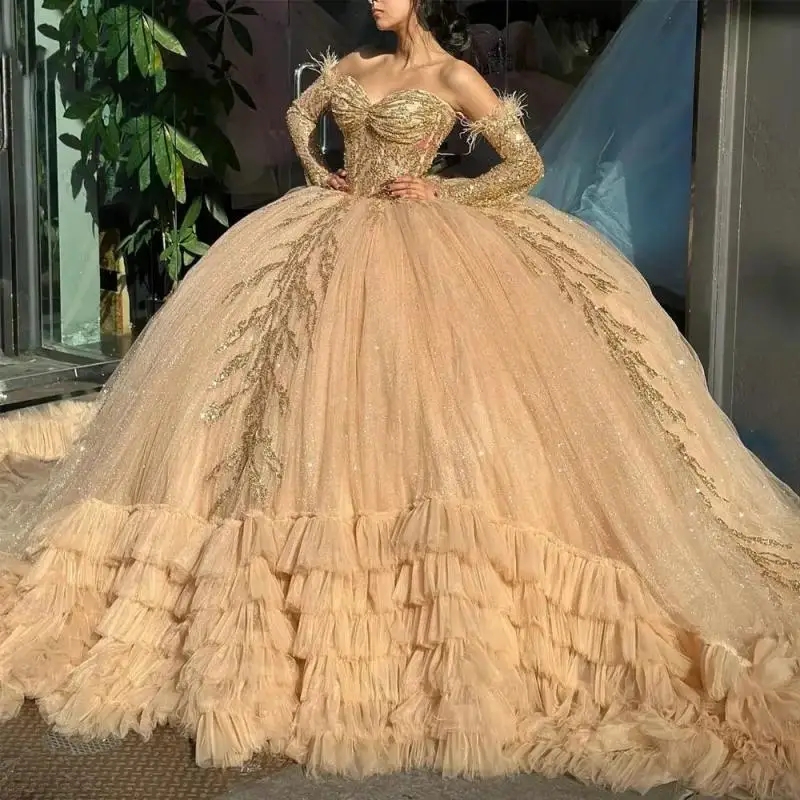 Champagne Shiny Quinceanera Dresses Long Sleeves Sequin Applique Lace Beads Tulle Ruffles Sweet 16 Dress Ball Gown Vestidos De 15 Anos