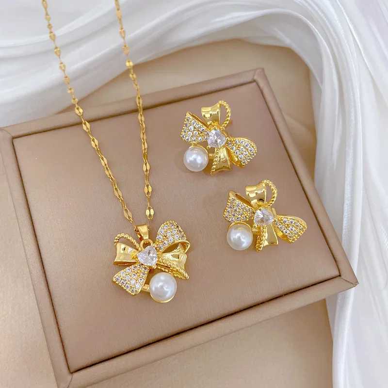 Classic Personalized Micro inlaid Pearl Stainless Steel Bow Necklace Earring Set Fashion Girl Ning Accessories Gift X241106