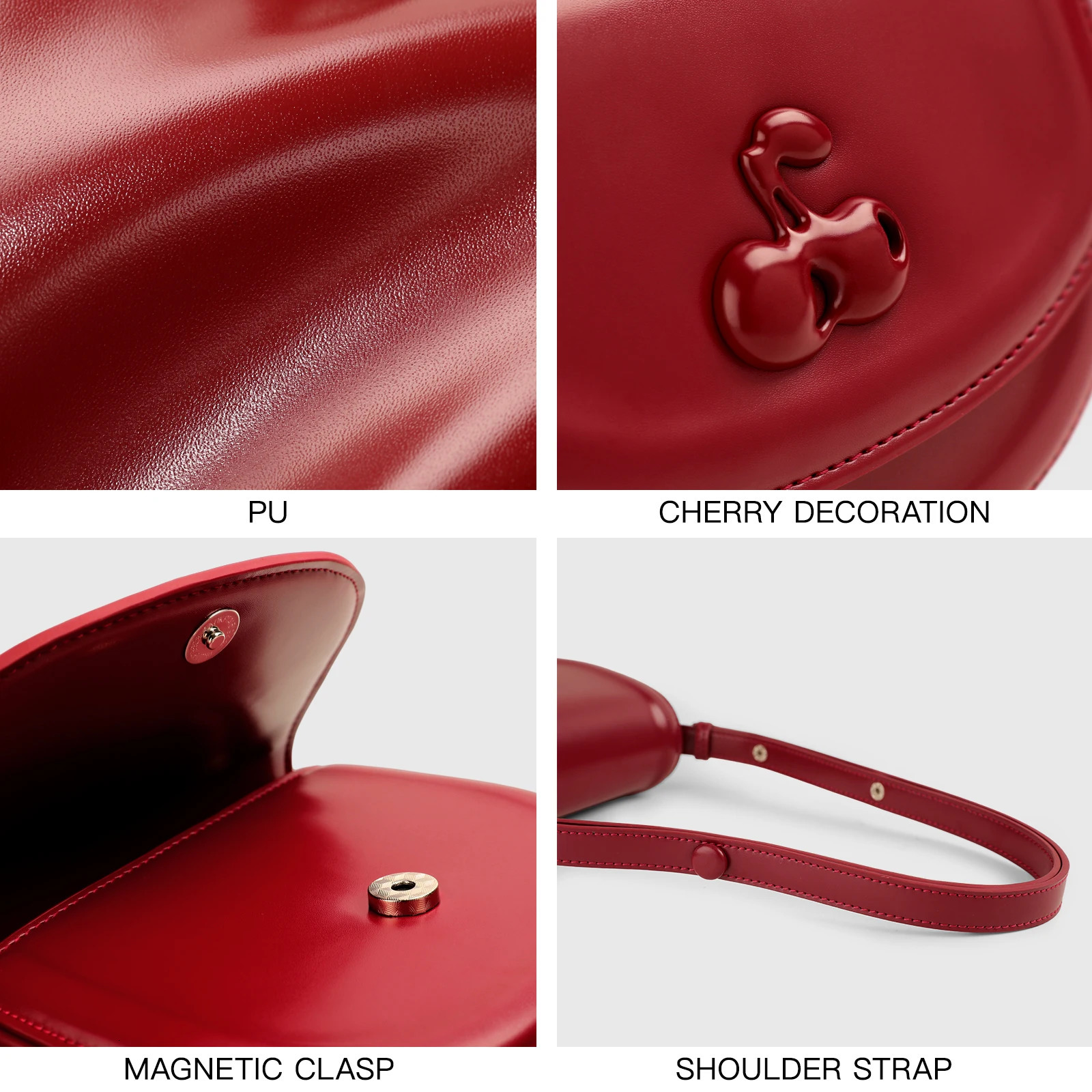 TOUTOU Shoulder Saddle Bag Adjustable Shoulder Strap Cosmetics PU Cherry Women 2024 Fashion Ten Font Handbag Women Christmas Gift241106