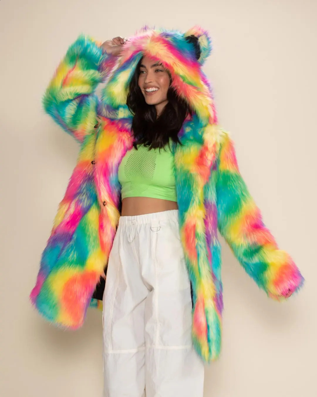 Colorful Personalized Faux Fur Coat Womens Fall And Winter Hooded Thick High Quality