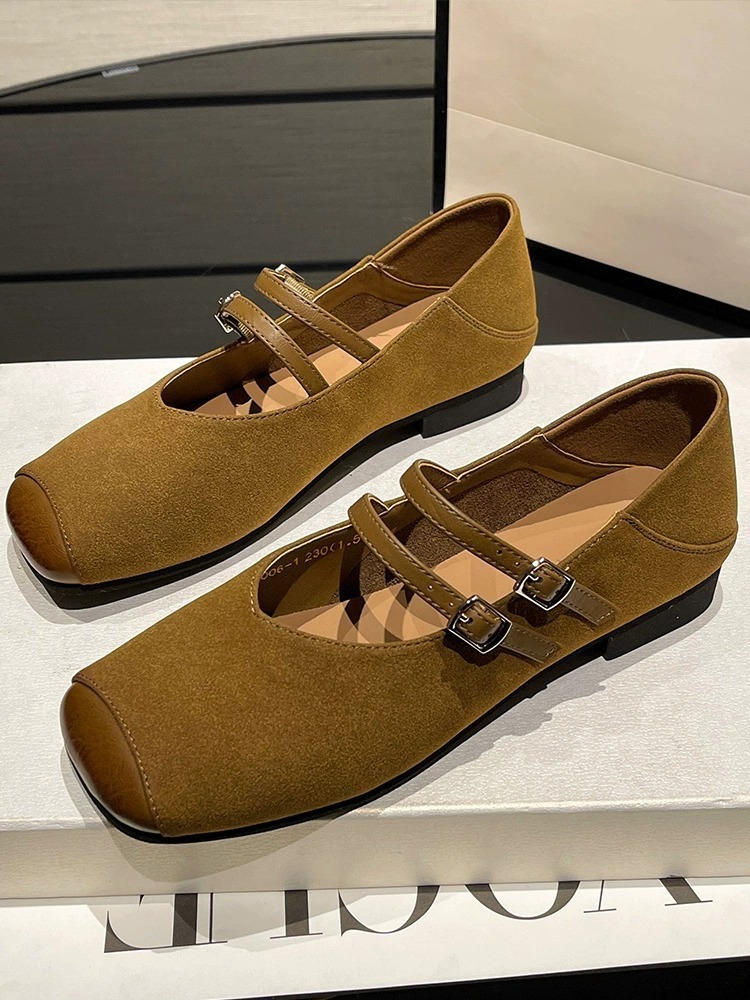 Patchwork Soft Leather Mary Jane Sneakers for Women - Flats with Double Button Strap and Square Toe