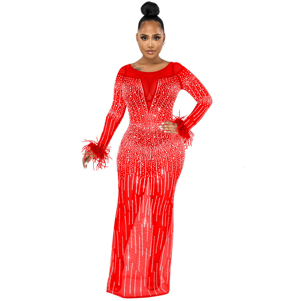 Fashion Nightclub Party Hot Diamond Women's Clothing Mesh Perspective Sleeve Long Dress Women F4685