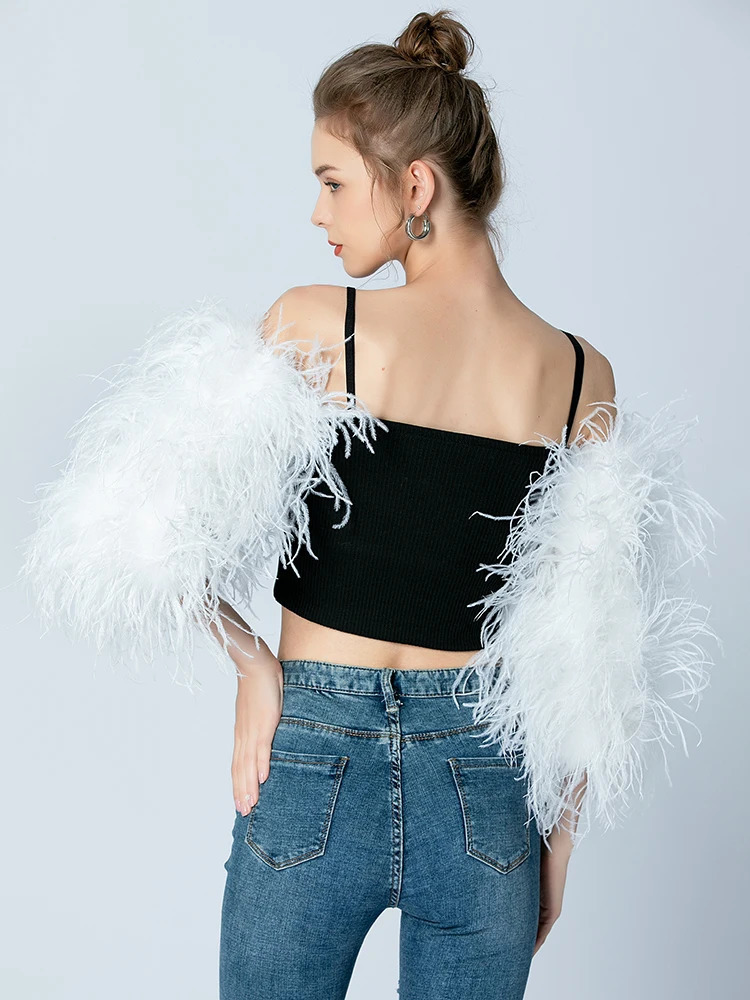 Feather Cuffs Party Fur Sleeves Cuffs Womens Fashion Fur Sleeves Glove Sleeves True Ostrich Feather White Long Sleeve 241106