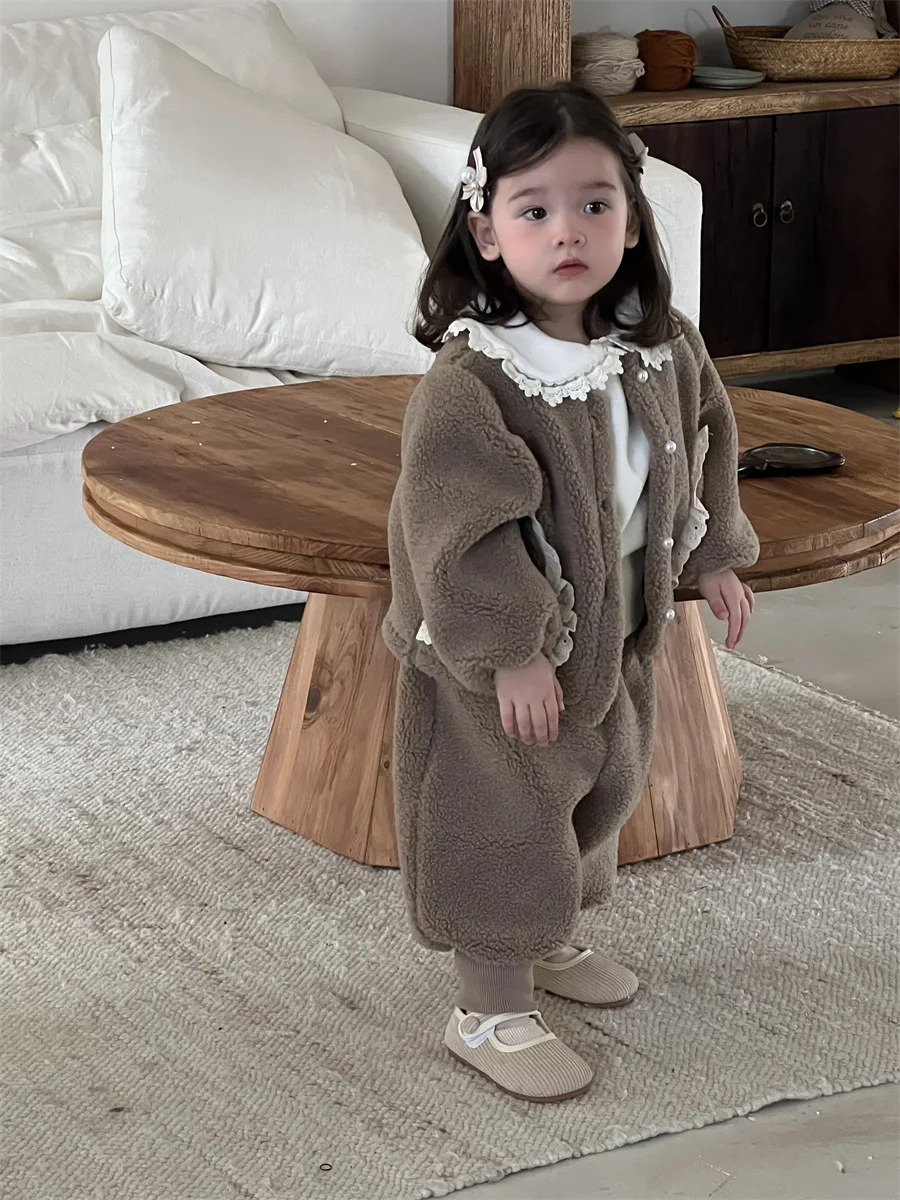 Winter Baby Fleece Warm Clothes Set Girls Cute Lace Cardigan Coat Pants Plus Velvet Thick 2pcs Suit Infant Outfits 241106