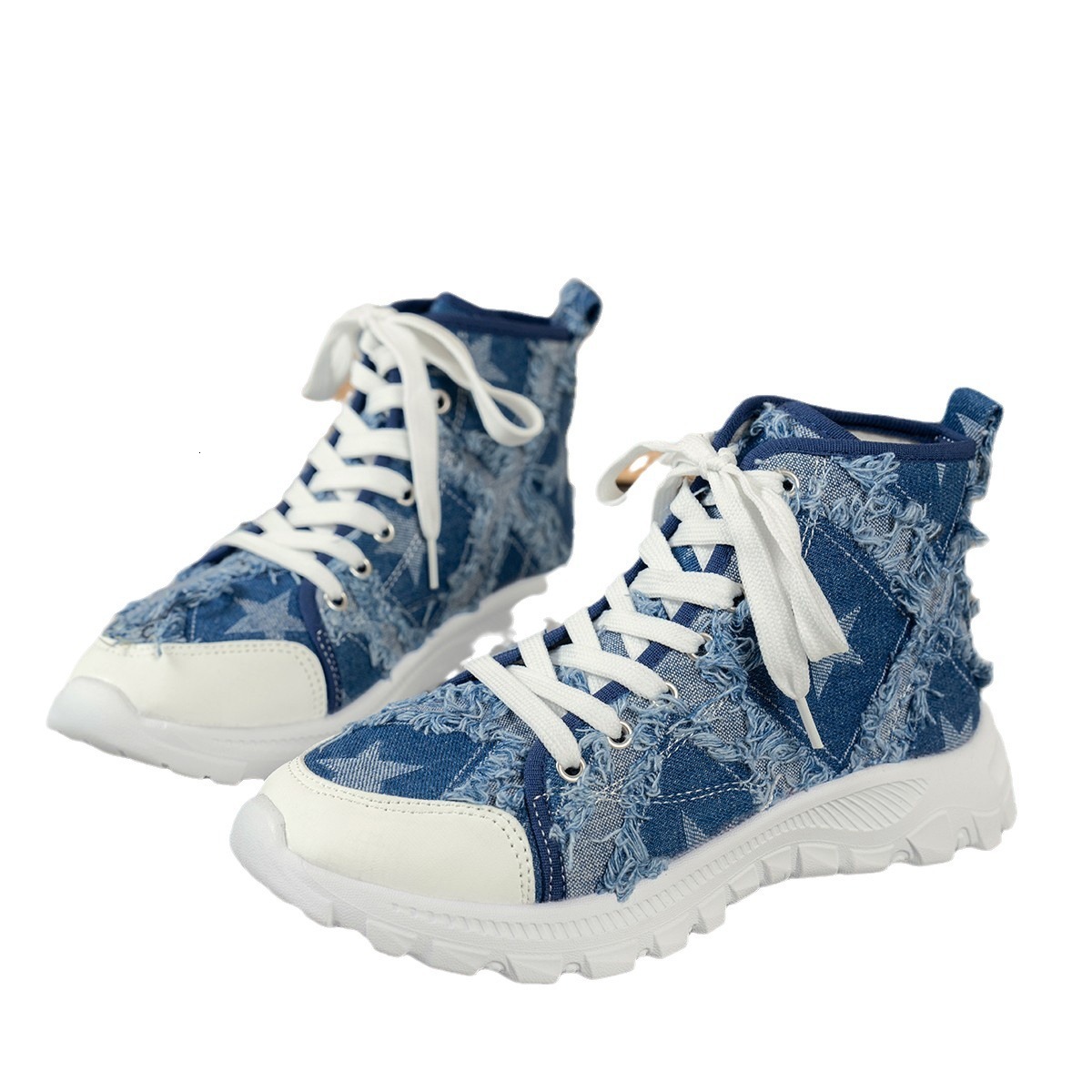 2024 new high top women's denim five pointed star plus size lace up versatile sports and leisure single shoes