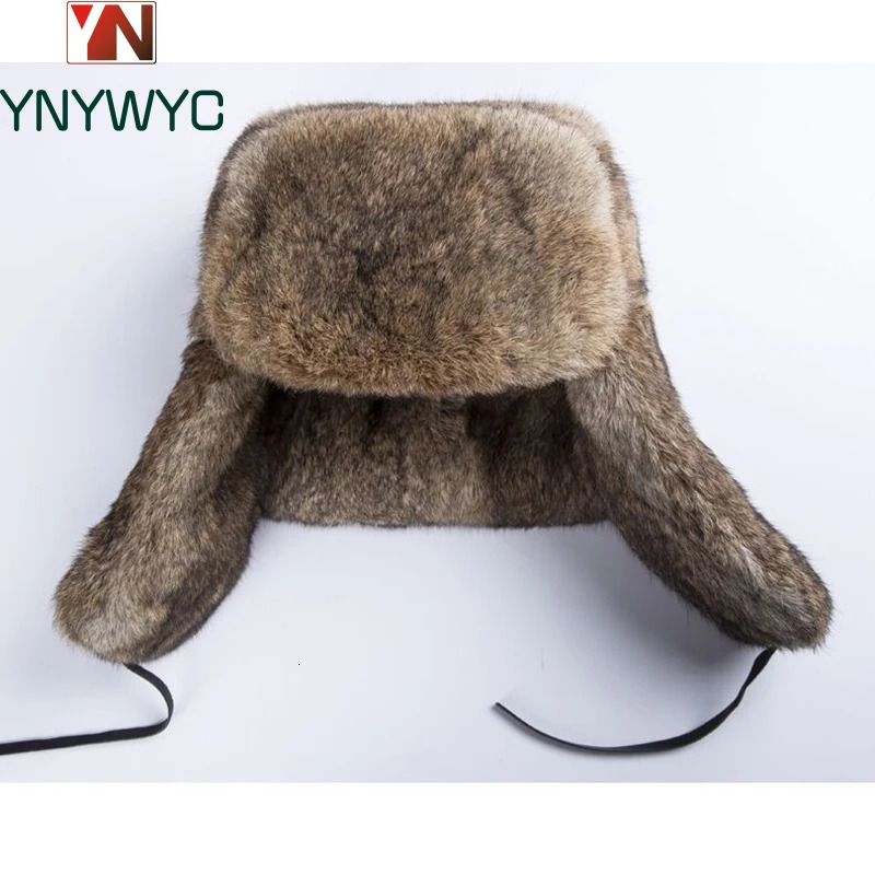 Fashionable Thick Warm Bomber Hat Mens True Rabbit Fur Earrings Catcher Russian Hat Mens Large Winter Hat Mens Ski Russian Hat 241106