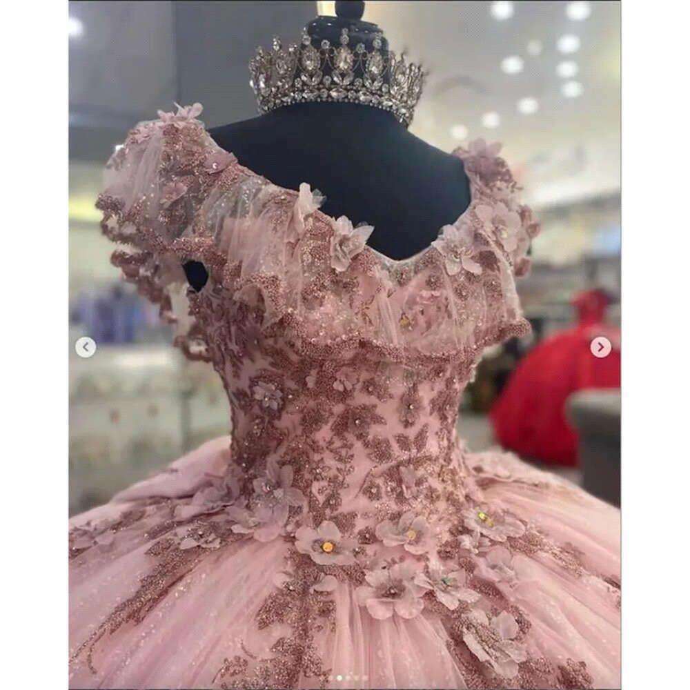 Haute Couture Glitter Rose Pink Quinceanera Dress Mexican Lace rals With Big Bow Sequin Vestidos Para Xv Birthday Party bc19728