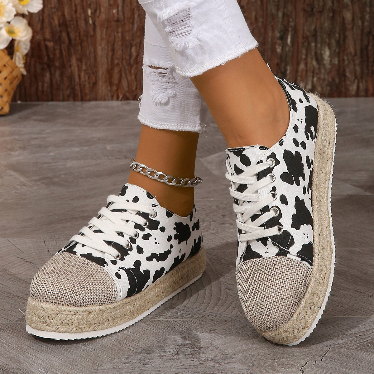 Women's round toe lace up breathable leopard print single shoe with hemp rope thick sole and low cut canvas, Zhuotian
