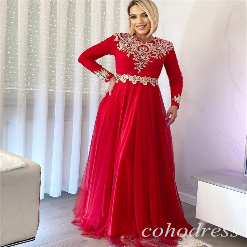 Elegant Muslim Red Evening Dresses With Gold Appliques Long Sleeve Floor Length Arabic Dubai Prom Dress 2025 Vintage Formal Birthday Party Gowns
