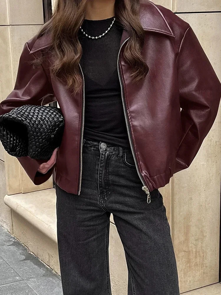 Street Leather Women Jacket Wine Red Turn Down Long Sleeve Pu Female Coats 2024 Vintage Pocket Zipper Motorcycle Lady Outwears 241106
