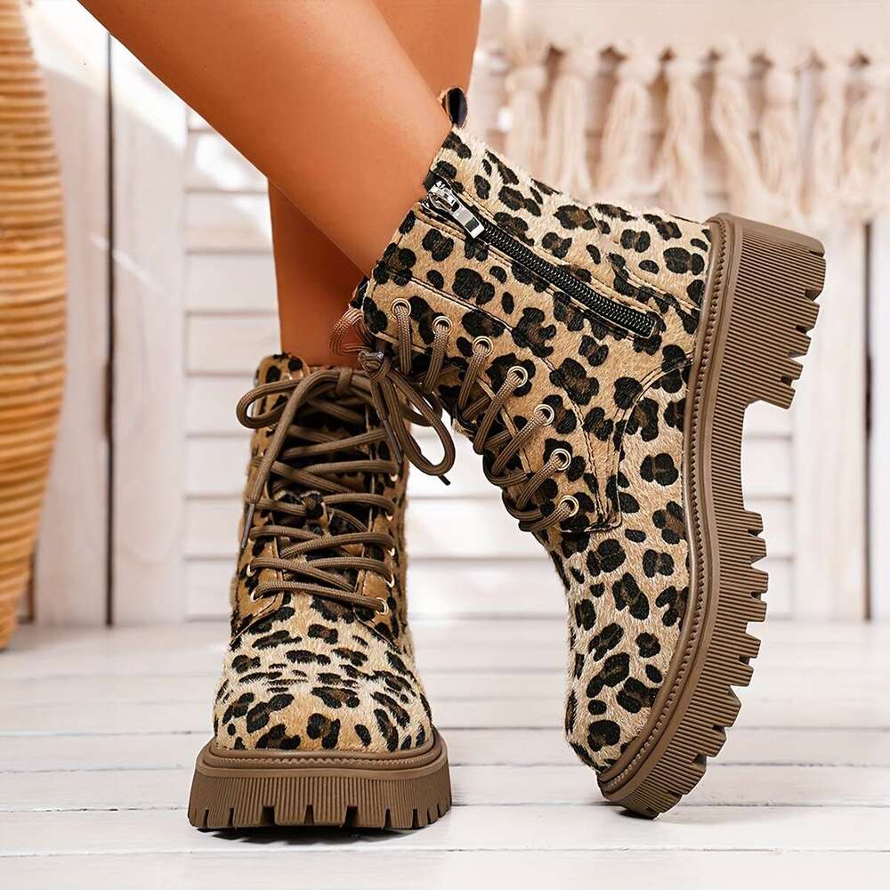 Mid Heel Womens Round Toe Leopard Print Ankle Boots Soft, Comfy, Block Heel, Lace Up, Rubber Sole, Fabric Upper - Perfect for Fall, Dress Ocn, Everyda
