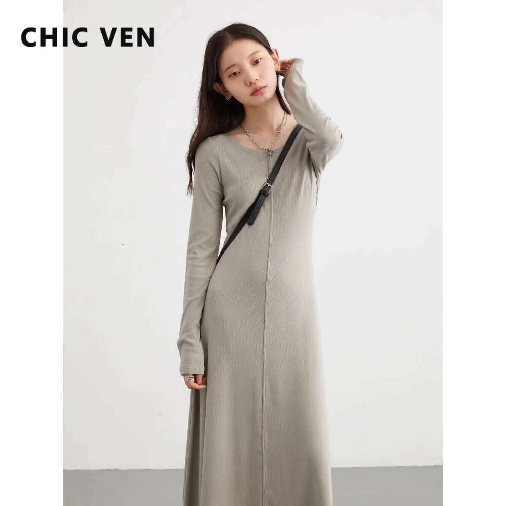 CHIC VEN Korean Women Dresses Solid Sleeve New Round Neck Long Dress A E Bottom Skirt Autumn Spring 2023