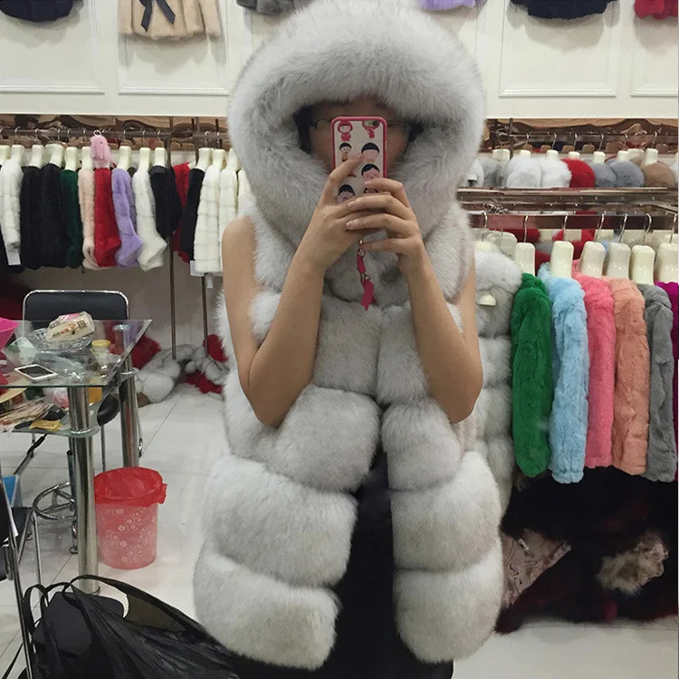 Old Fashion Women Faux Fur Vest Hooded Winter Warm Sleeveless Coats for Young Lady 241104