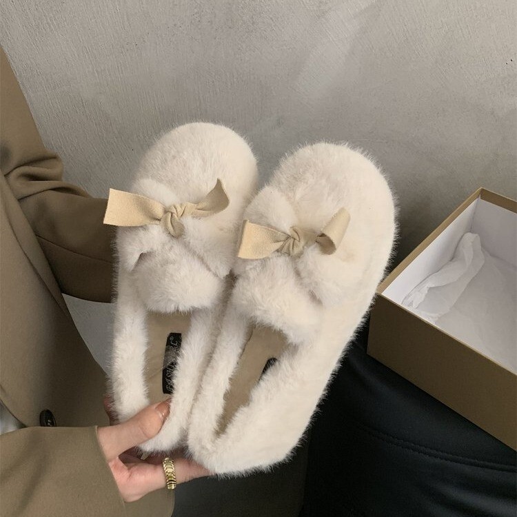 Women's 2023 New Winter Warmth Butterfly Bean with Fury Small Fragrant Round Head Flat Bottom Casual Cotton Shoes