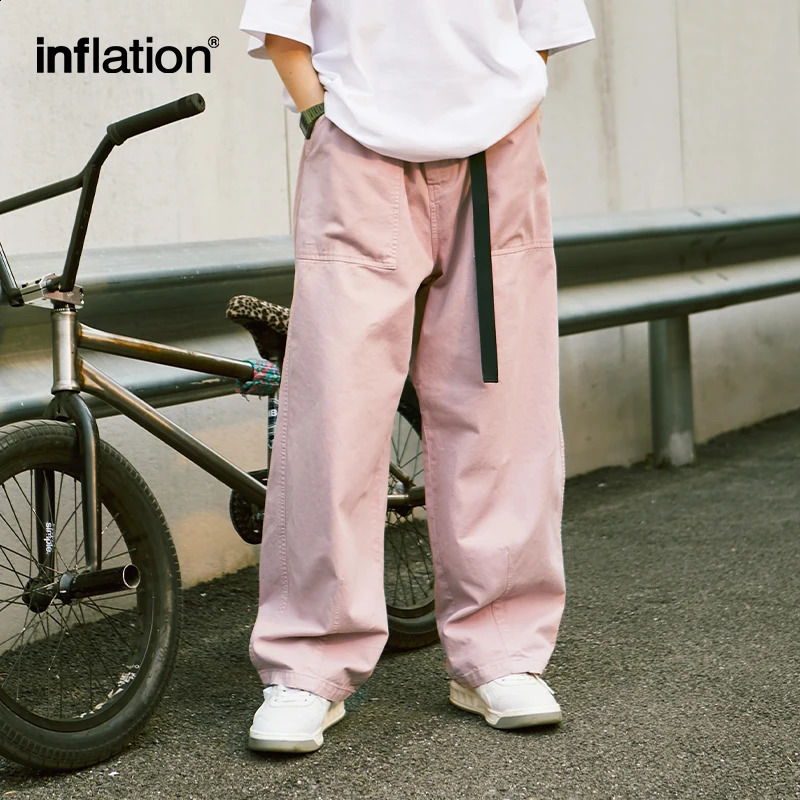INFLATION Pink Wide Leg Pants Mens Slacks Elastic Waist 100% Cotton Trousers Unisex Straight 241104