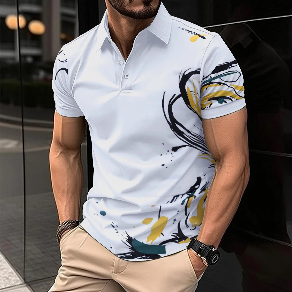 2024 Summer -Selling Mens Polo Shirt Lapel Printed Mens Clothing Stripes Polo Shirt Casual Sports Mens Shirt 241106