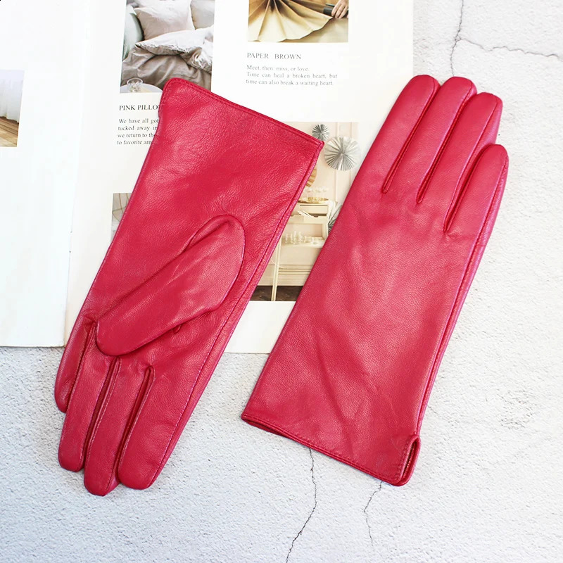 Colorful sheepskin leather gloves for women straight wool lining autumn and winter warm motorcycle riding finger gloves 241105