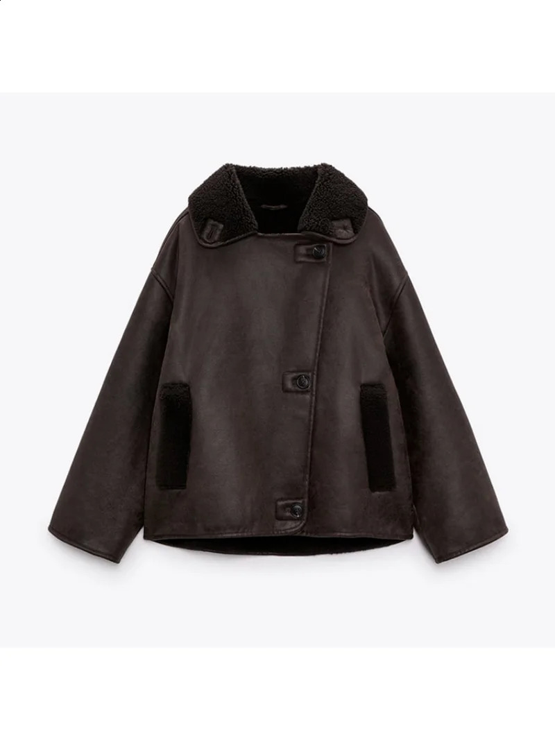 Winter Women Fleece Coat Moto Biker Pockets Solid Jacket Fashion Casual Office Clothes Female Loose Single Breasted Outwear 241105