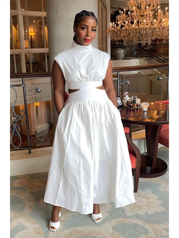 Summer Dresses Mock Neck Sleeveless Cutout White Maxi Dresses A-line Elegant Pockets Casual Party Hollow Out Long Dress