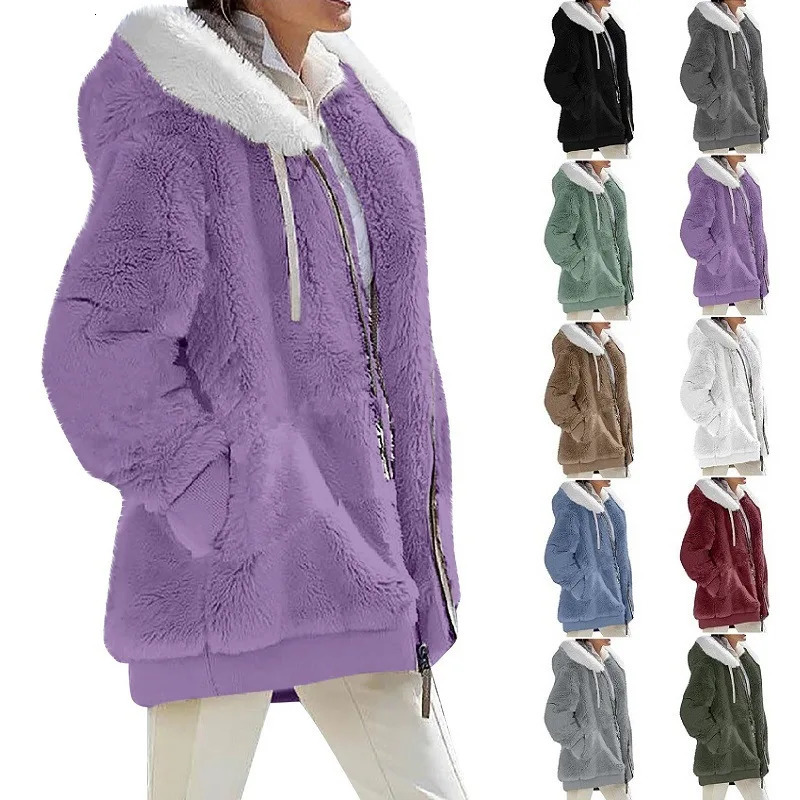 Winter Fashion Womens Coat Casual Hooded Zipper Ladies Clothes Cashmere Autumn Women Fleece Jacket Solid Color Ladies Coats 241106