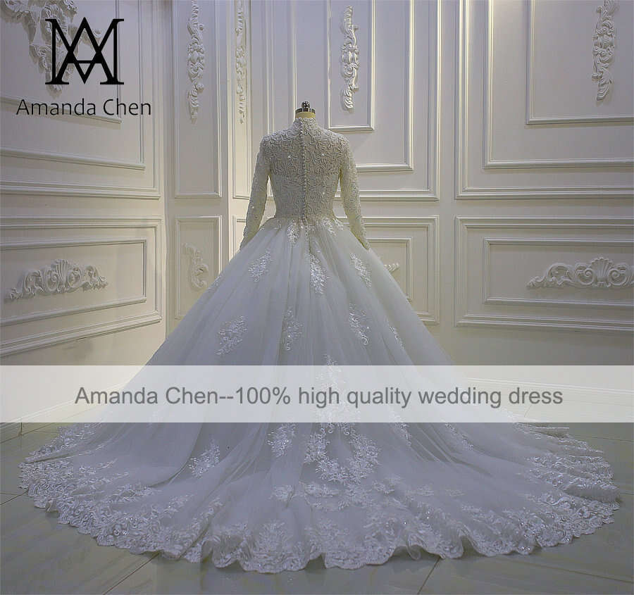 robe blanche High Neck Long Sleeve Lace Applique Pearls Muslim Wedding Dress