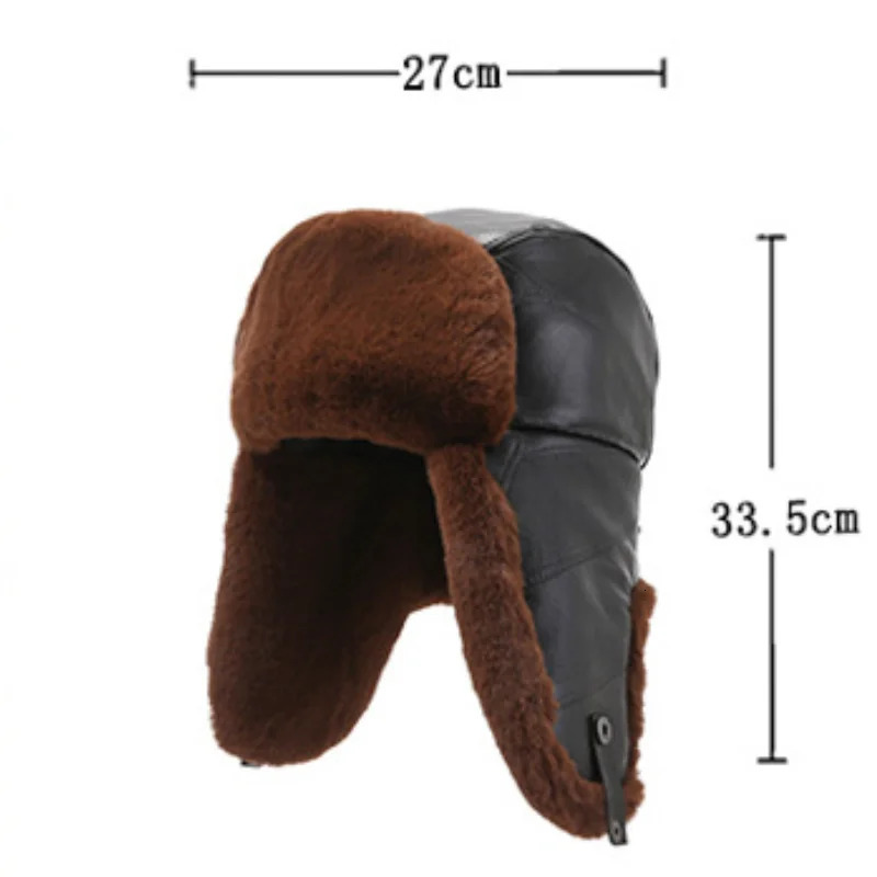 100% Natural Cowboy Leather Bomb Hat Earrings Warm Winter Hat Russian Fur Hunting Trap Hat 241106