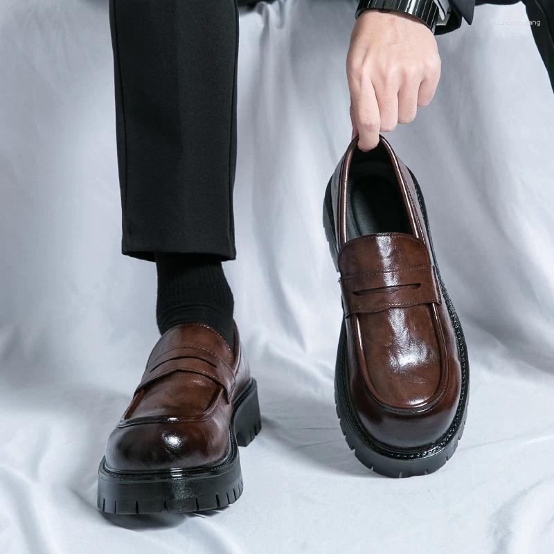 Casual Shoes Man Black Loafers Leather Solid Color Thick Soled Fashion Round Toe Daily Wedding Dress Party Faux Suede