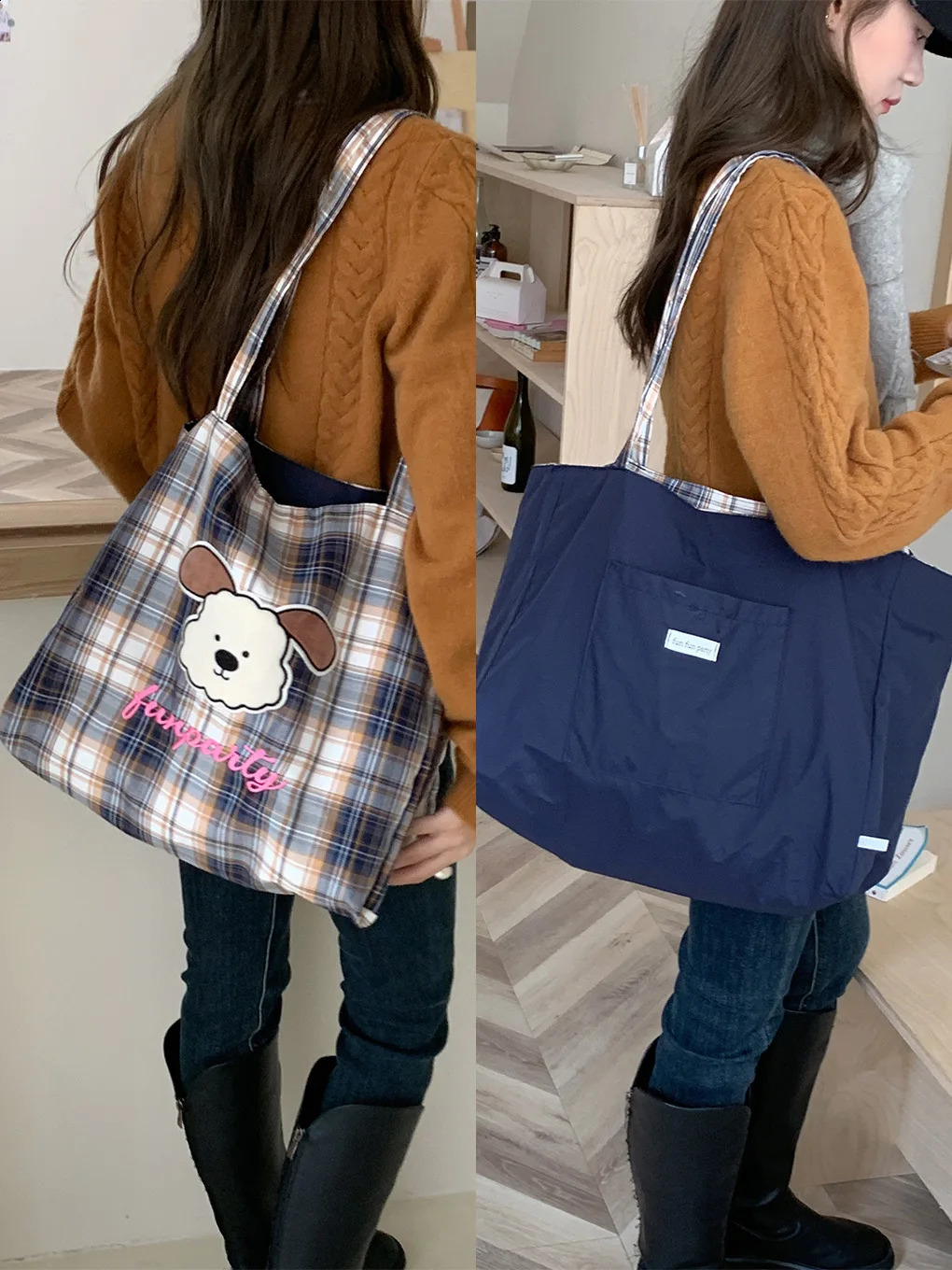 Cute cartoon dog womens canvas shoulder bag with letter printing plain weave womens double-sided large capacity handbag handbag 241105