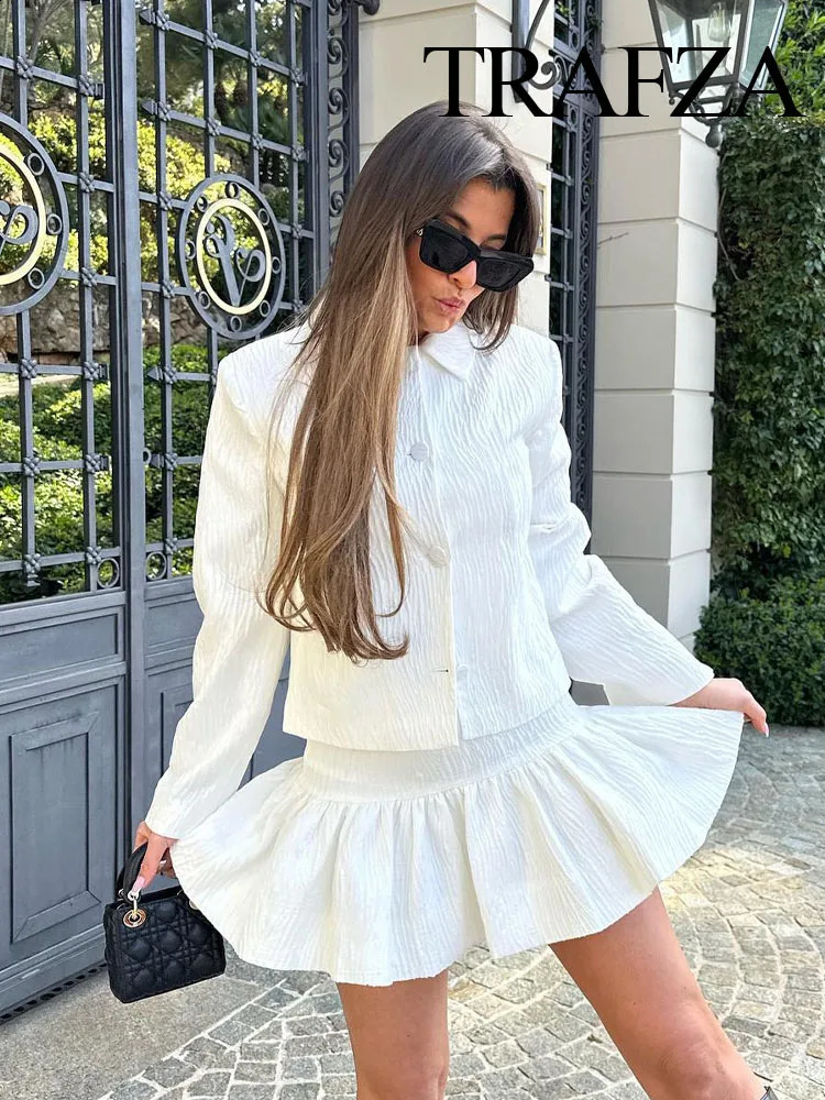 TRAFZA Women Spring Fashion Suit White TurnDown Collar Long Sleeves Pocket Single Breasted BlazerHigh Waist Zipper Mini Skirts 240323
