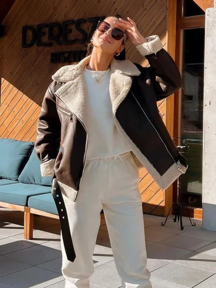 Suninheart Fashion Winter Warm Faux Fur Jacket Women Long Sleeve Moto Biker Zipper Jackets Coat Female Autumn Casual Lapel coat 241106