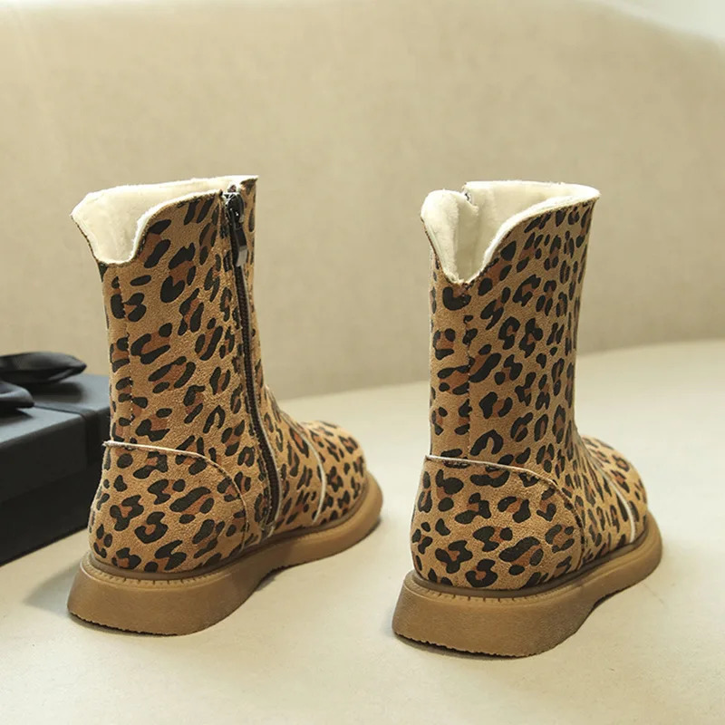 Kids Boots Winter Girls Fashion Middle Calf Princess Snow Boots Toddler Children Boys Leopard Warm Fur Shoes Soft Sole 241106
