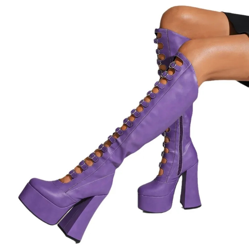 European And American Punk Style Front Buckle Strap Thick Soled Knee High Cool Boots For Women, High-Heeled Side Zipper Shoes