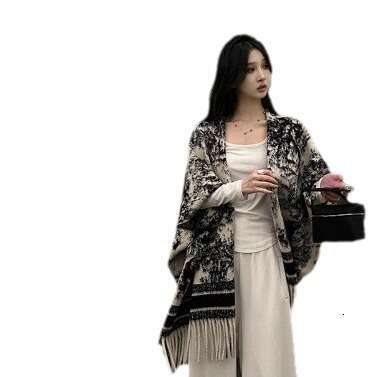 Ink black and white patterned autumn scarf, women's Korean version, versatile, high-end, warm cape shawl