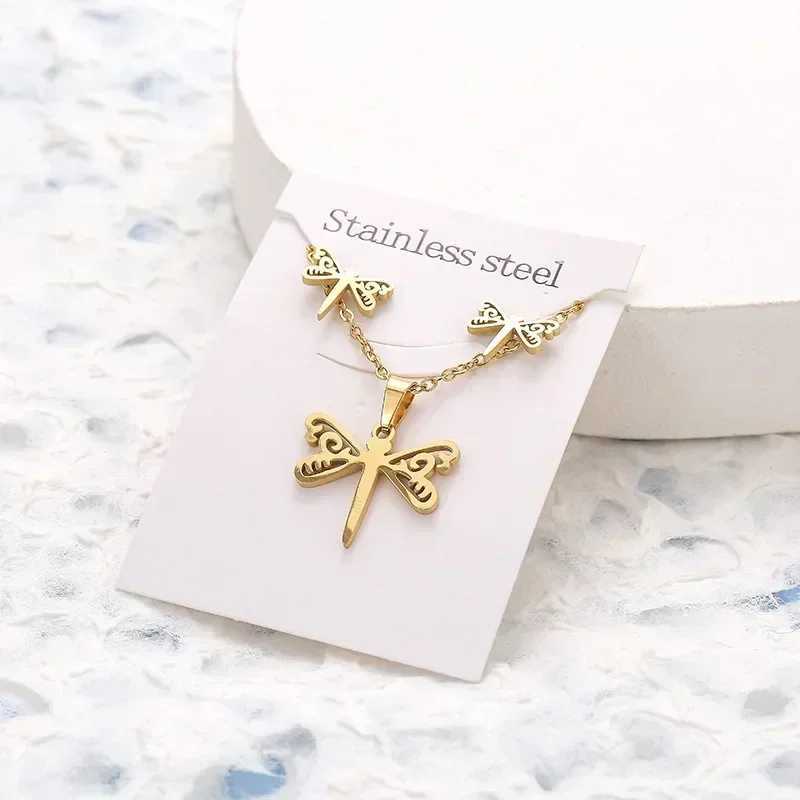 30 sets/batch of stainless steel gold colored flower cat pendant chains necklaces earrings grammar jewelry sets X241106