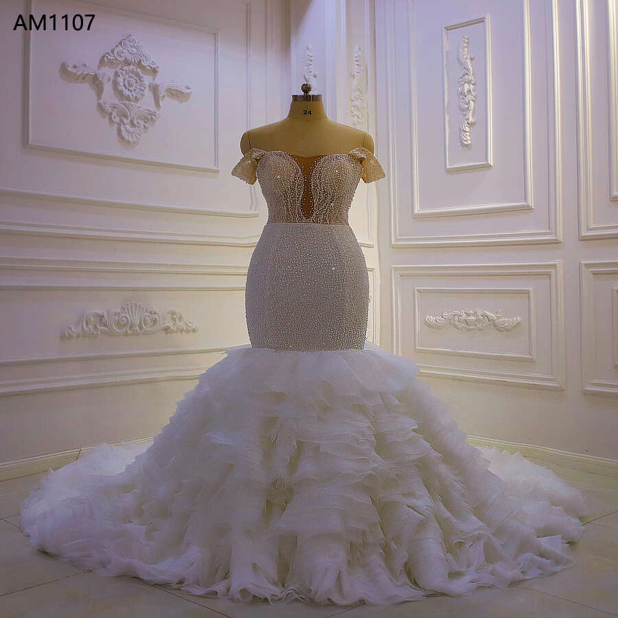 Off Shoulder Pearls Ruffled Mermaid Wedding Gowns