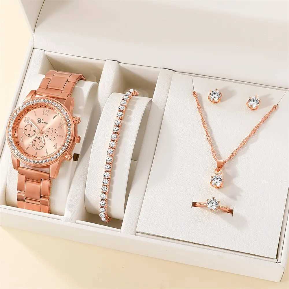6-piece luxury watch necklace earrings rhinestones fashionable watch casual womens watch bracelet set clock X241106