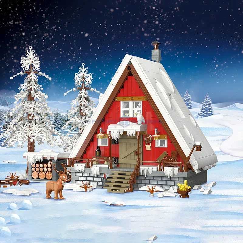 Blocks Santa Claus Hut Model Building Block MOC 89141 Wooden House Brick Snow Winter Forest Landscape Modular Building Toy Set Christmas GiftY241106MN