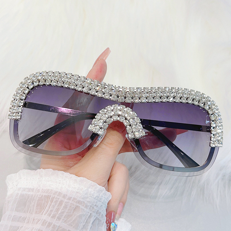 Vintage Sunglasses With Diamonds Uv400 Protection Mirrored One Piece Lens Rimless Women Sunglasses