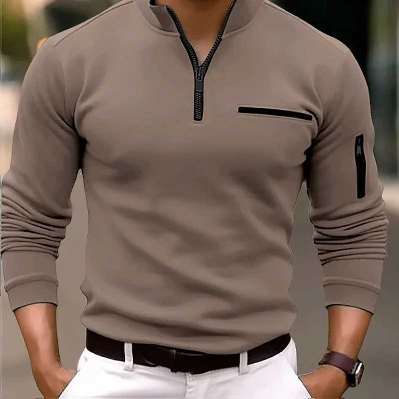 Spring Fashion Zipper Design Shirts 2024 Casual Solid Color O-Neck Ts Pullover Fashion Mens Long Sve W241106